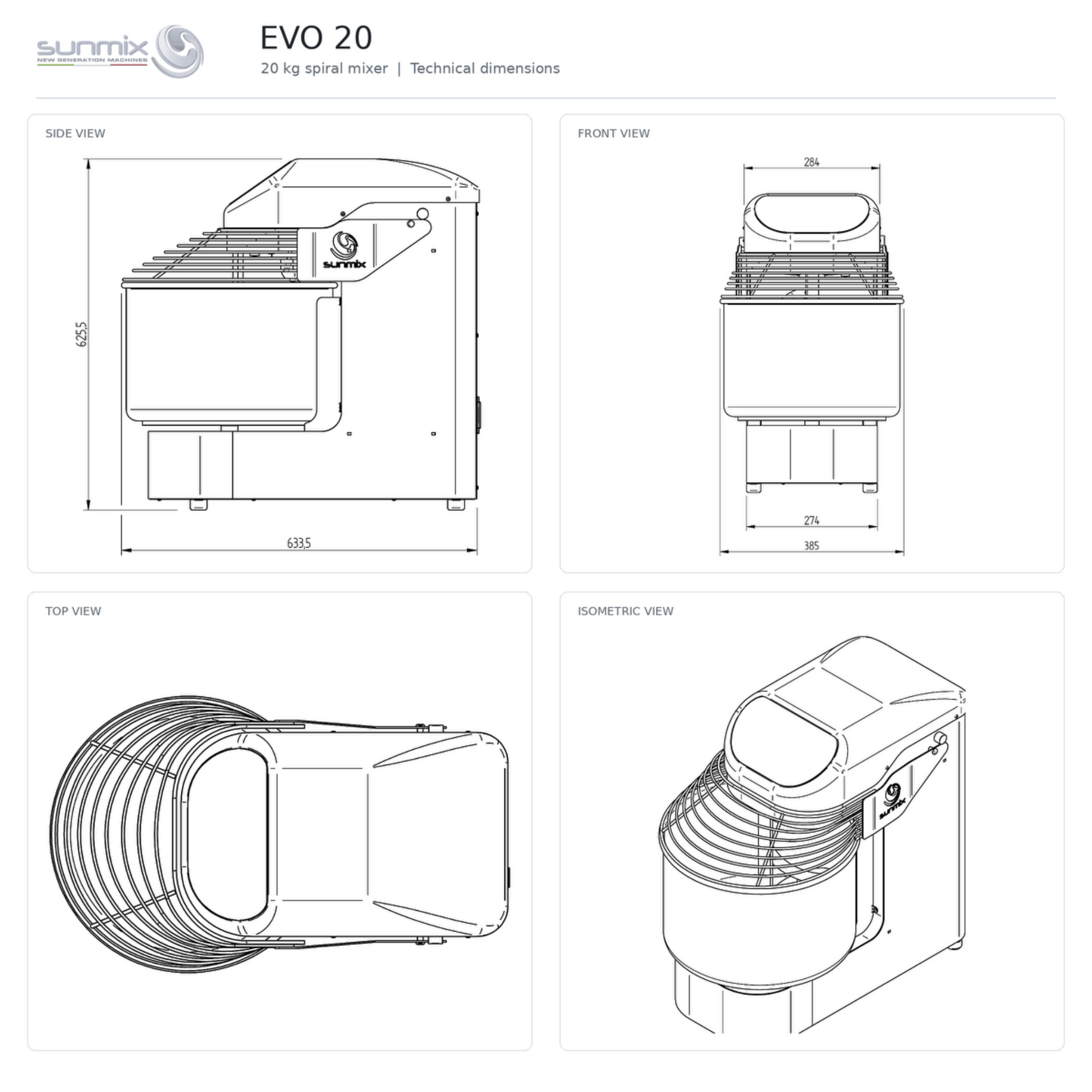 Sunmix Evo Line 20 Spiral Dough Mixer dimensions