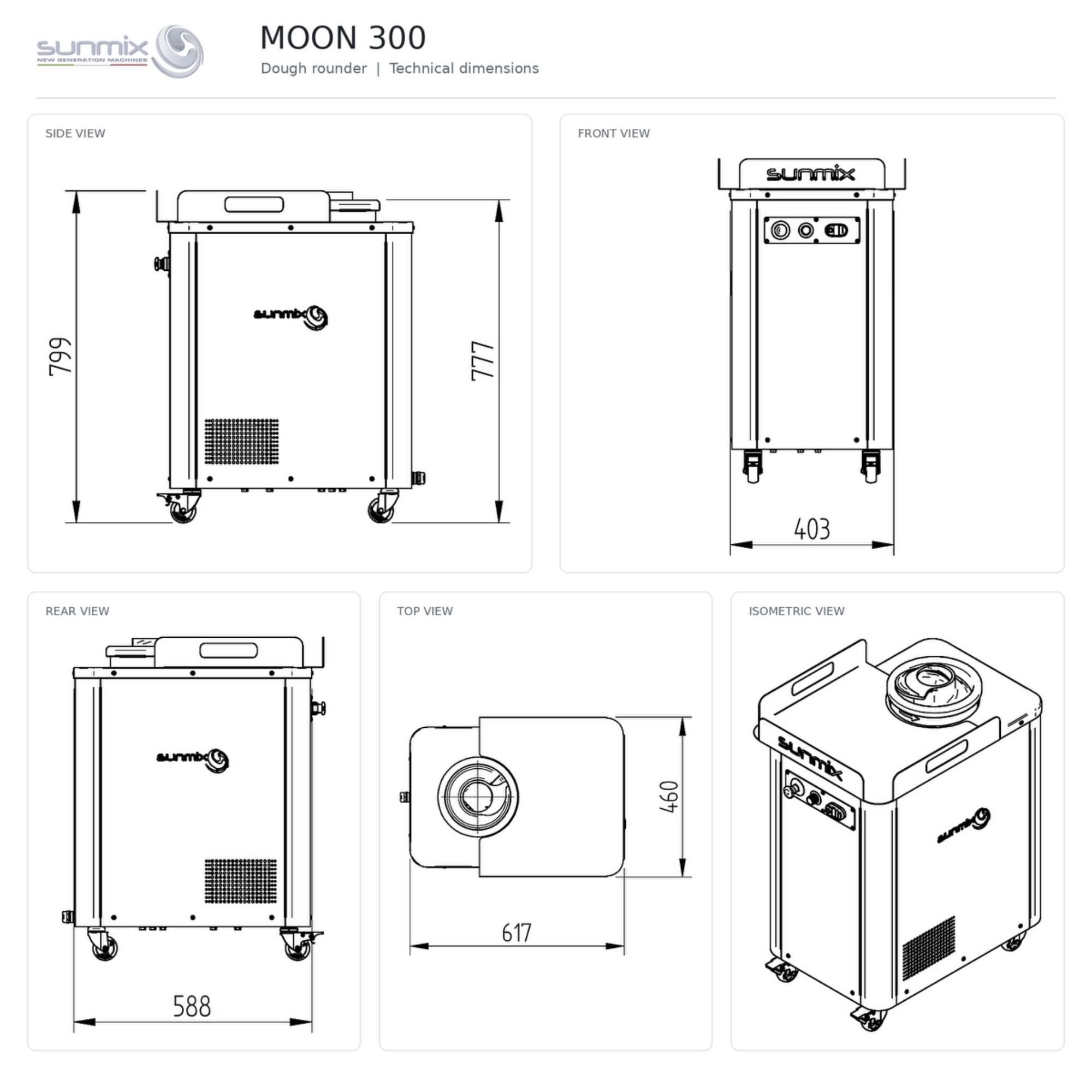 Sunmix Moon 300 dough rounder dimensions