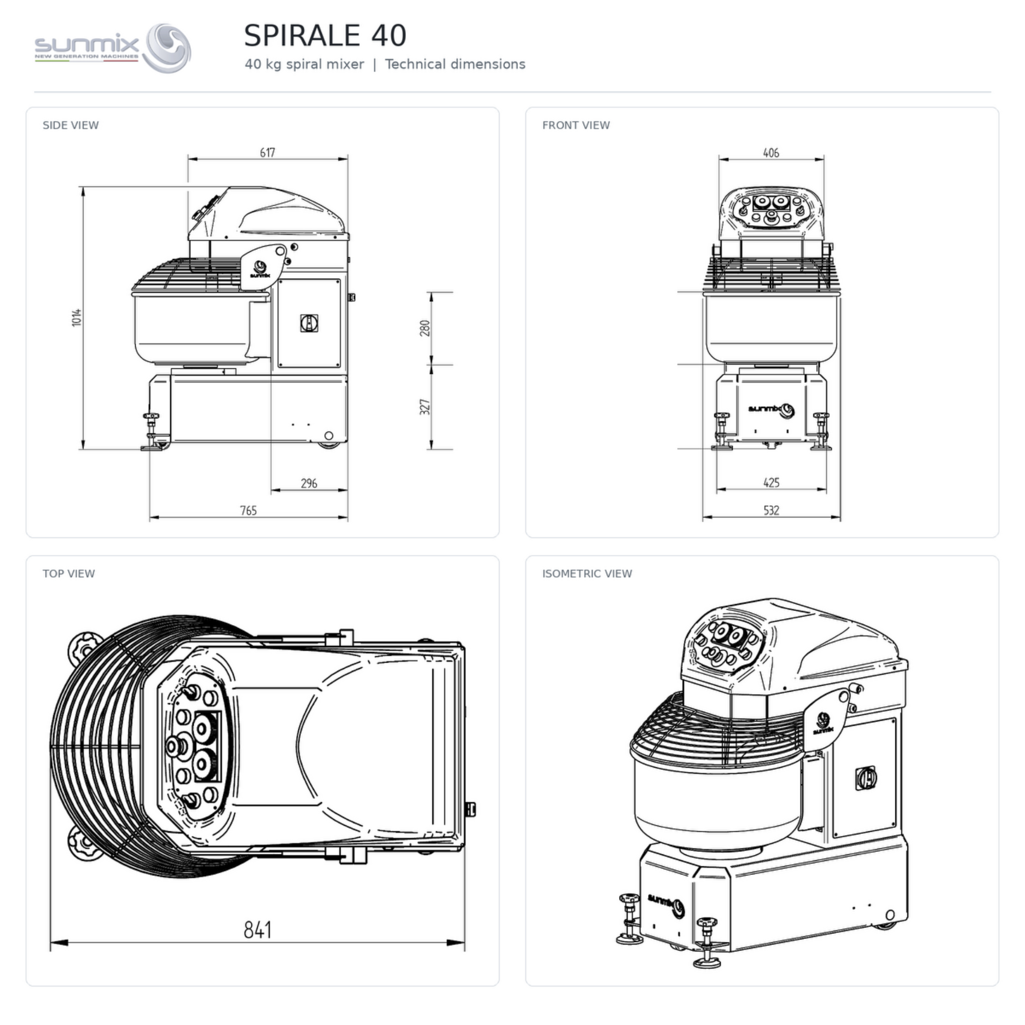 Sunmix Queen Line 40kg Spiral Dough Mixer dimensions